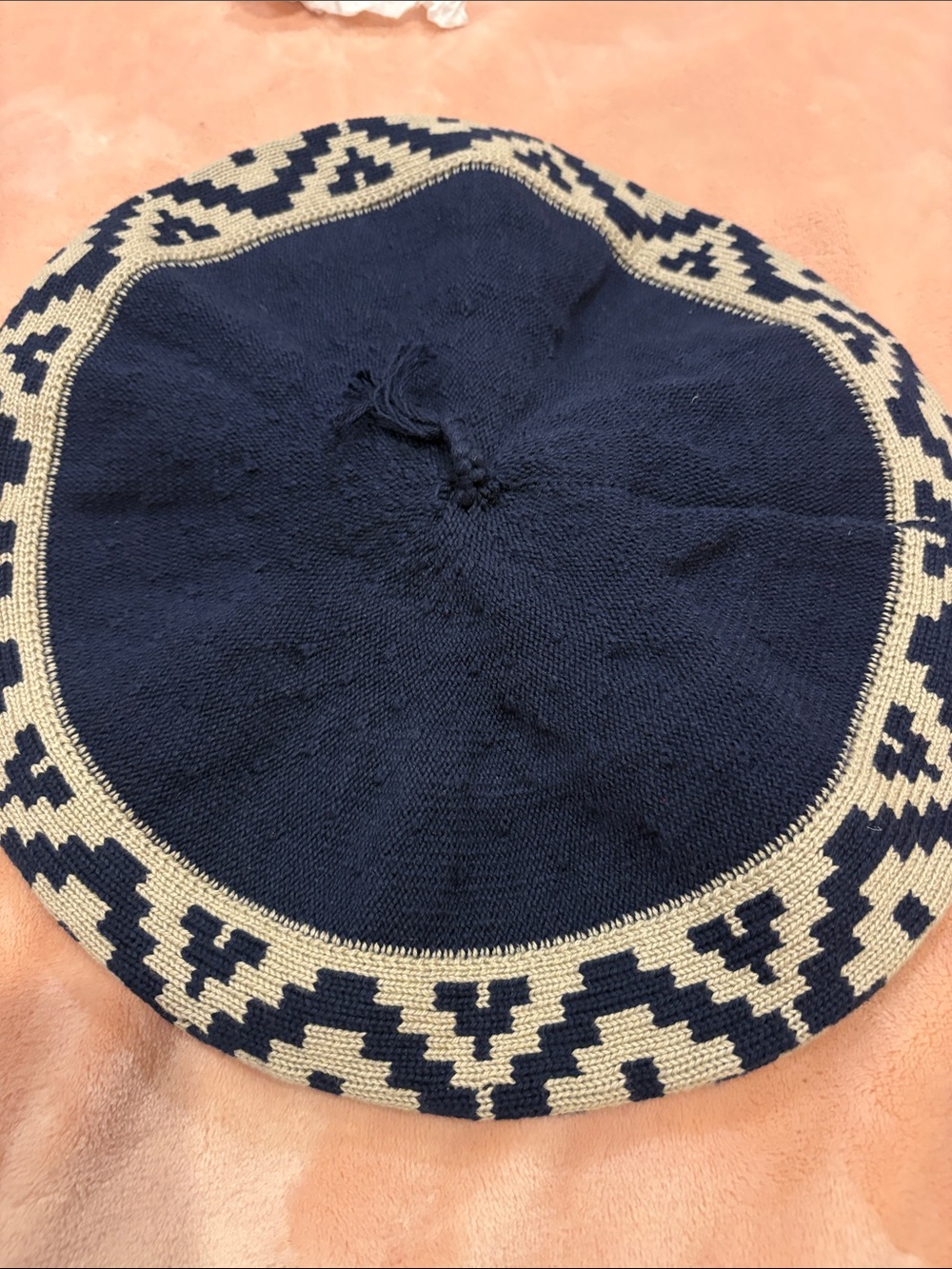 Navy and Cream Knit Beret Hat - Women